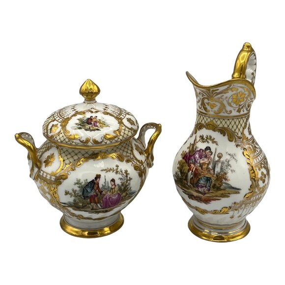 Antique Dresden Ohme Germany Creamer & Sugar Hand Painted Watteau Scenes Gold - Picture 3 of 16